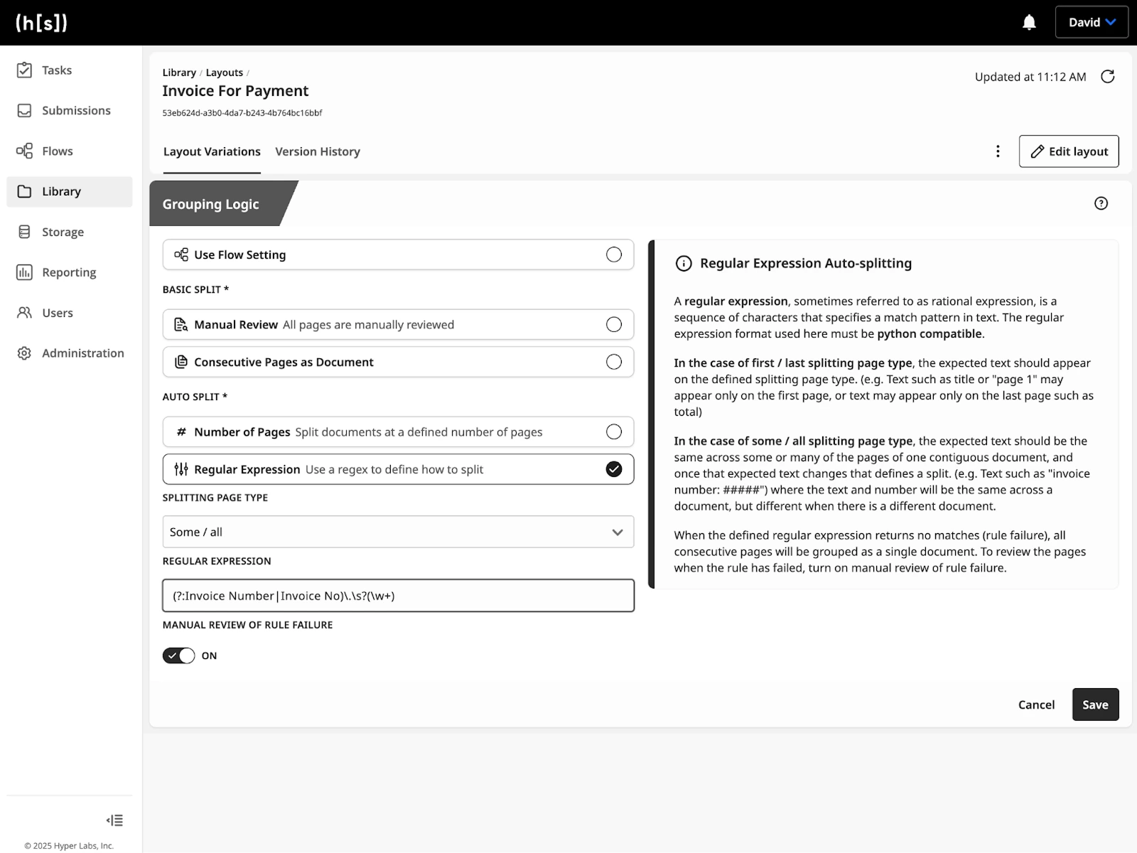 Hyperscience platform screenshot showing a Library Layout for an Invoice for Payment