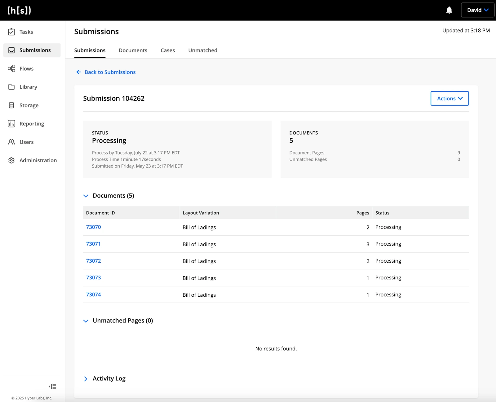 Hyperscience platform screenshot showing Submissions overview