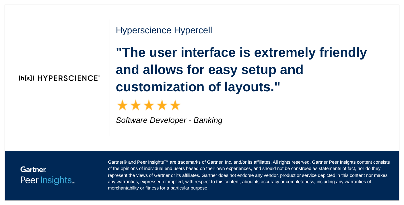 “The user interface is extremely friendly and allows for easy setup and customization of layouts.” by Software Developer in Banking